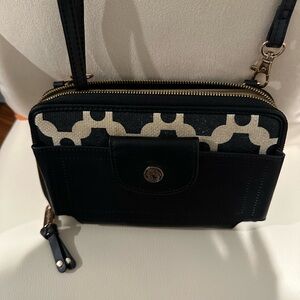 Spartina, Leather and Linen, Black and Cream Crossbody Wallet